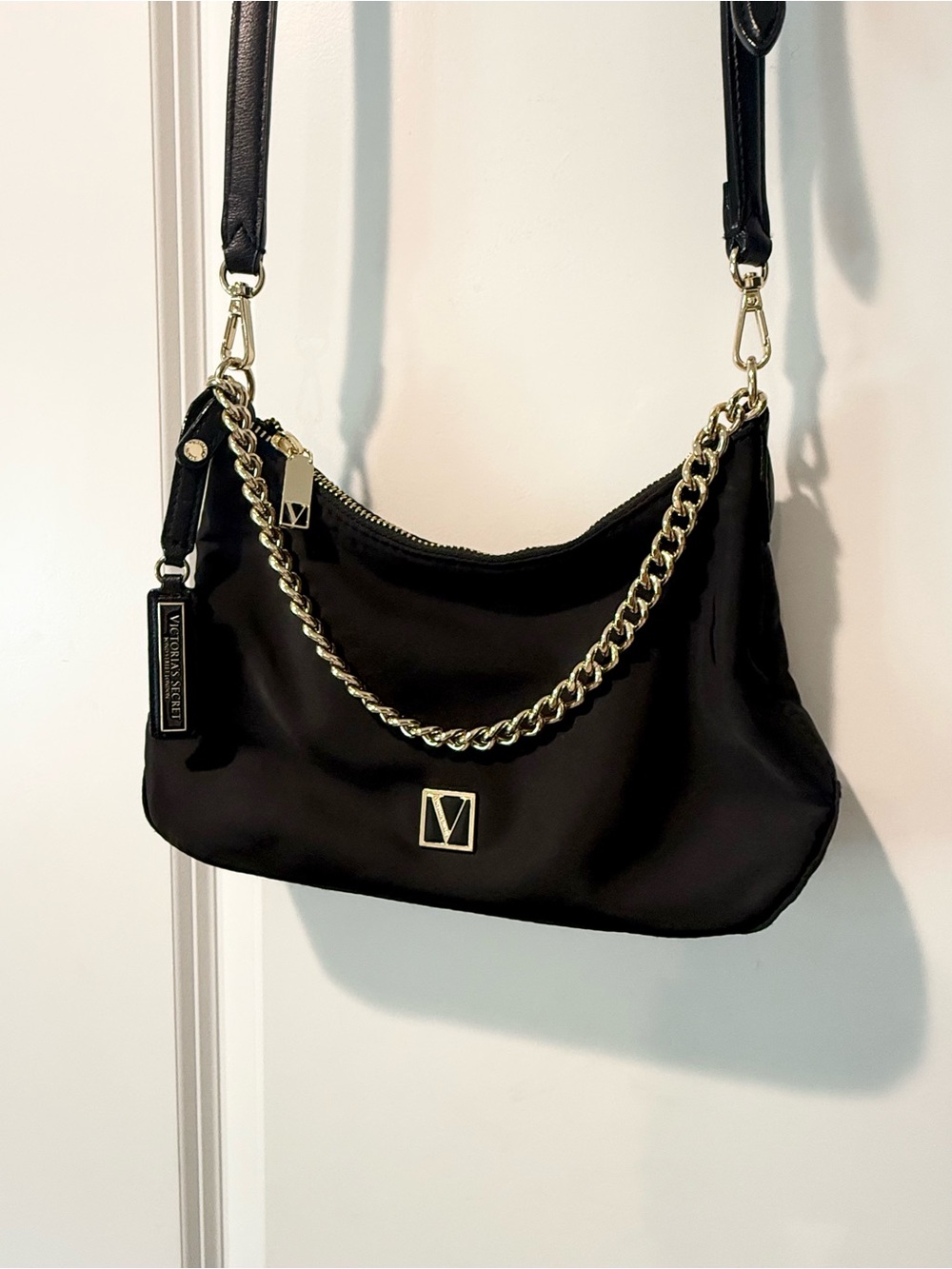 VS Black & Gold Nylon Crossbody Bag with Gold Chain Accent